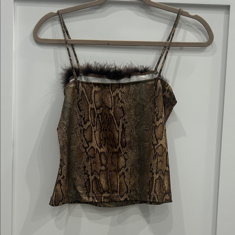 Snake-Print Brown Tank Top with Faux Fur Trim RAVE CITY - Picture 2 of 3